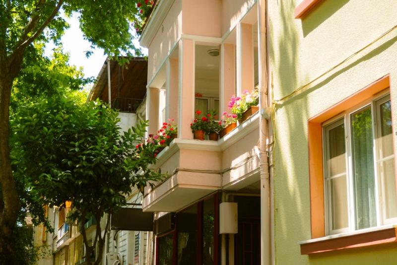 Balcon ombragé par un arbre, avec des géraniums en pot qui fleurissent malgré l’ombre