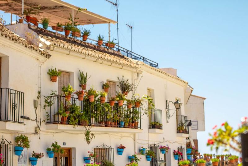 Façade blanche ensoleillée avec plusieurs balcons couverts de pots en terre cuite fleuris
