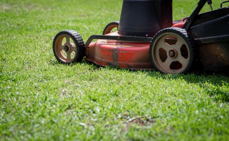 Tondeuse coupant l’herbe fraîche d’une pelouse par une journée ensoleillée